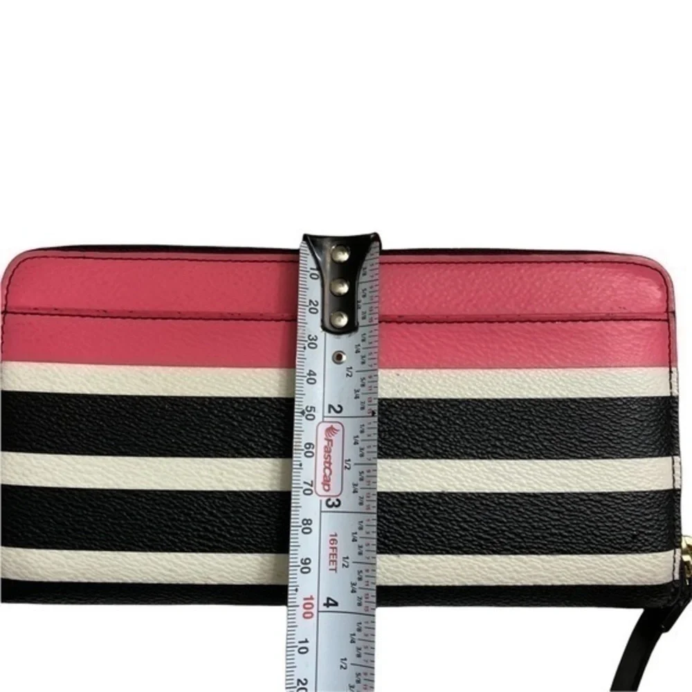 Kate spade black pink white striped zipper clutch wallet